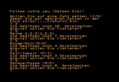 Roulette game screenshot for Commodore PET